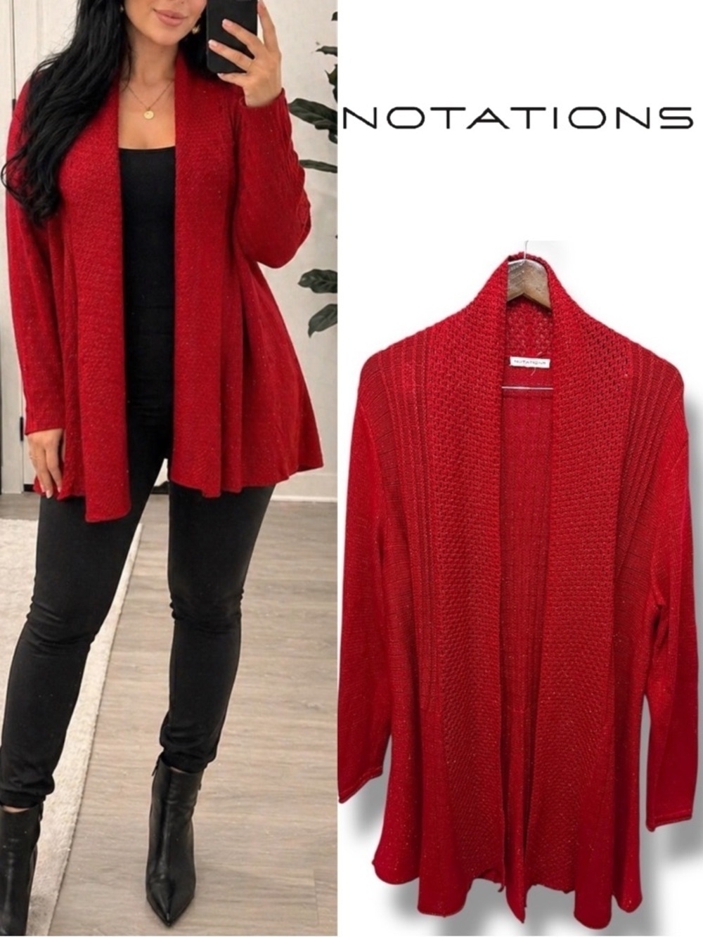 144 Notations | NWOT Cotton Red Open Front Metallic Textured Knit Cardigan (L)